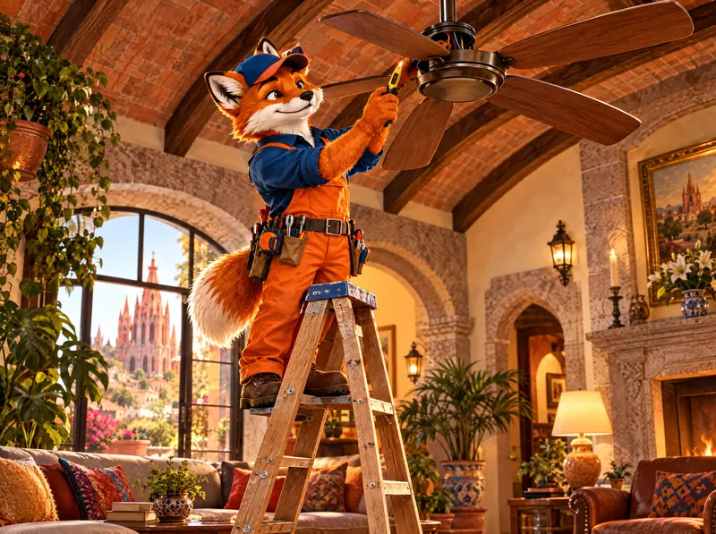 FixFox on a ladder installing a ceiling fan in a colonial living room