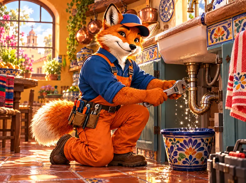 FixFox repairing a leaking pipe under a kitchen sink